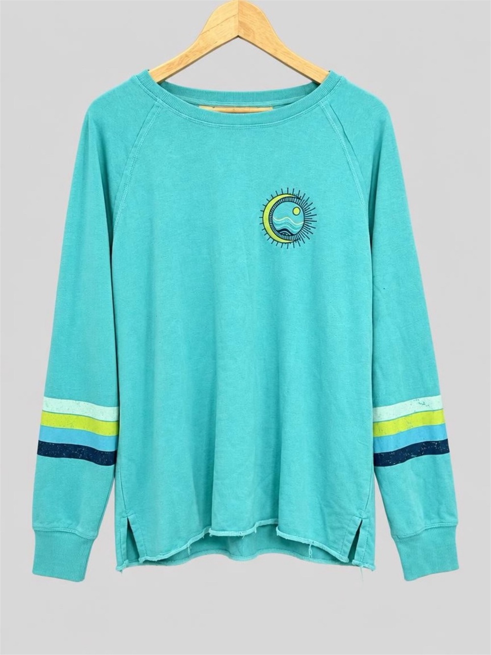 Maurices Turquoise Long-Sleeve Tee with Sun Patch and Stripe Sleeves
